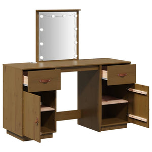 vidaXL Vanity Table Set with LED Honey Brown Solid Pine Wood