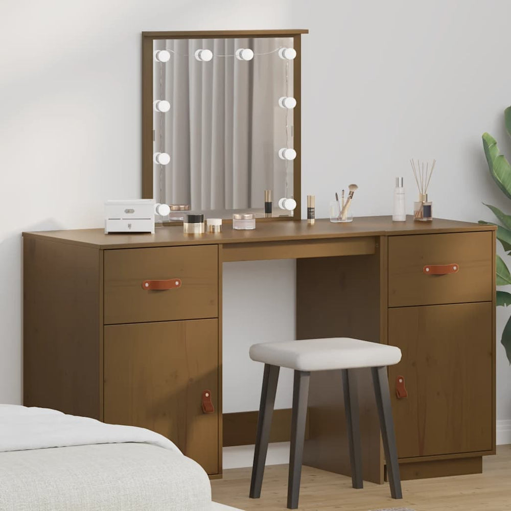 vidaXL Vanity Table Set with LED Honey Brown Solid Pine Wood