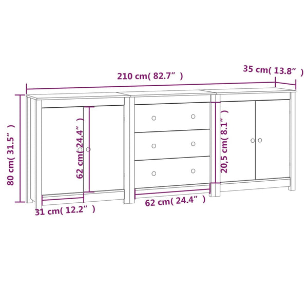 vidaXL Sideboard 210x35x80 cm Solid Pine Wood