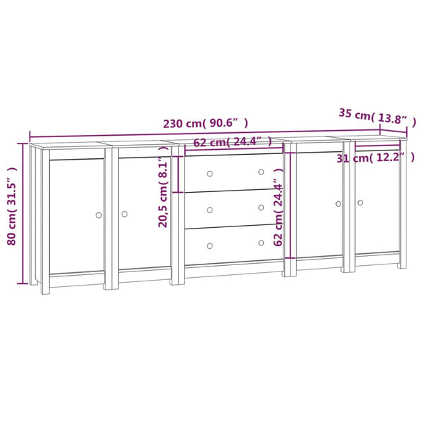 vidaXL Sideboard 230x35x80 cm Solid Pine Wood