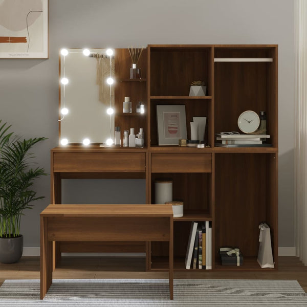 vidaXL Dressing Table Set with LED Brown Oak-Effect Engineered Wood