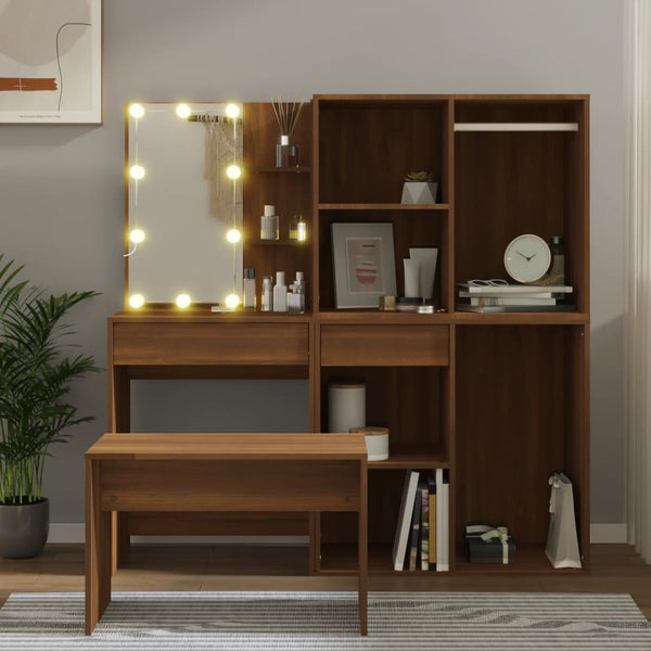 vidaXL Dressing Table Set with LED Brown Oak-Effect Engineered Wood