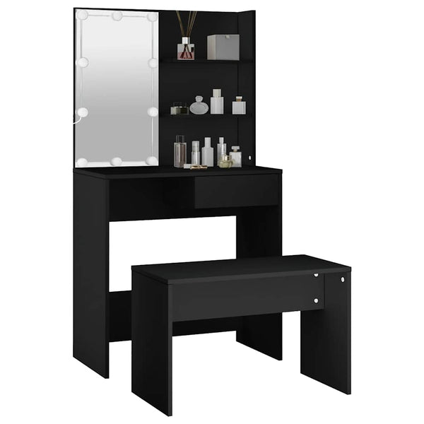 vidaXL Dressing Table Set with LED Black Engineered Wood