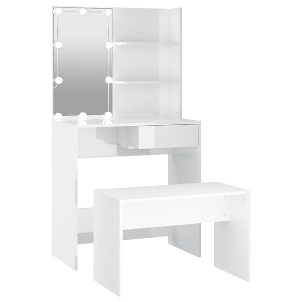 vidaXL Dressing Table Set with LED High-Gloss White Engineered Wood