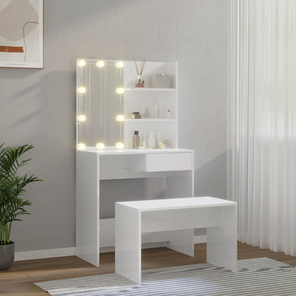 vidaXL Dressing Table Set with LED High-Gloss White Engineered Wood