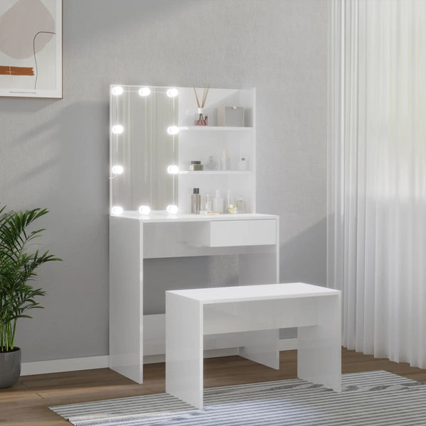 vidaXL Dressing Table Set with LED High-Gloss White Engineered Wood