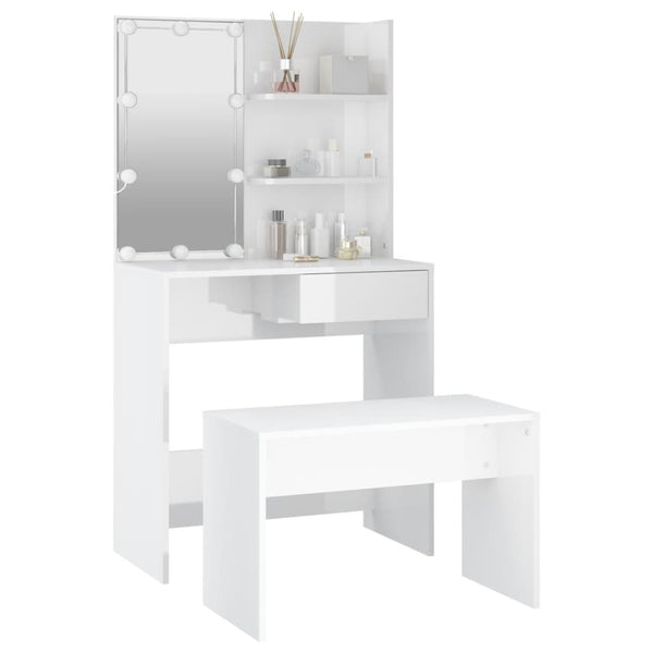 vidaXL Dressing Table Set with LED High-Gloss White Engineered Wood