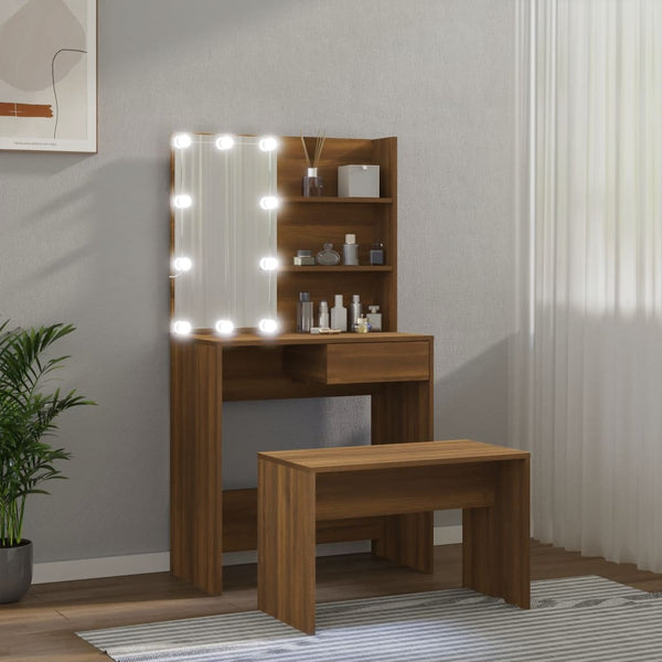 vidaXL Dressing Table Set with LED Brown Oak-Effect Engineered Wood