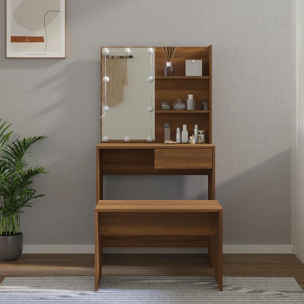 vidaXL Dressing Table Set with LED Brown Oak-Effect Engineered Wood