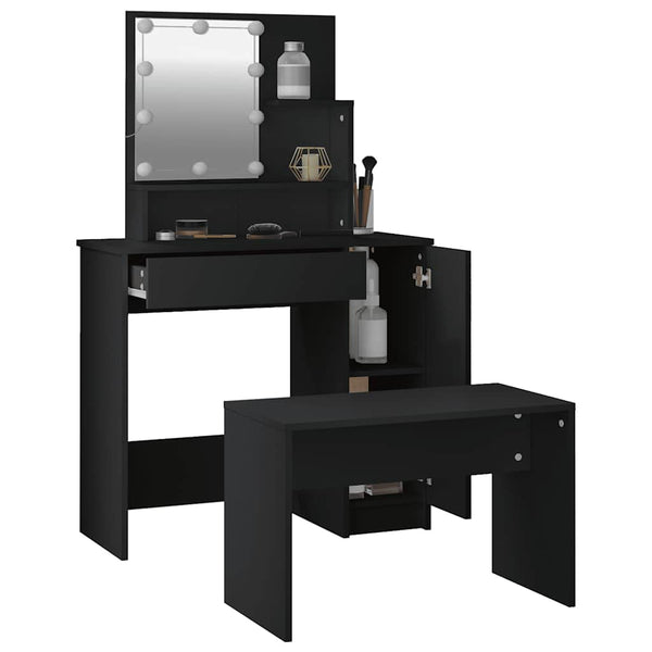 vidaXL Dressing Table Set with LED Black Engineered Wood