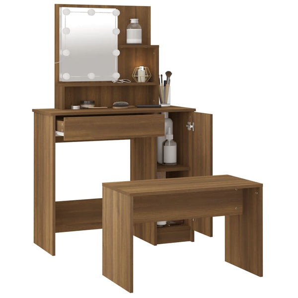 vidaXL Dressing Table Set with LED Brown Oak-Effect Engineered Wood