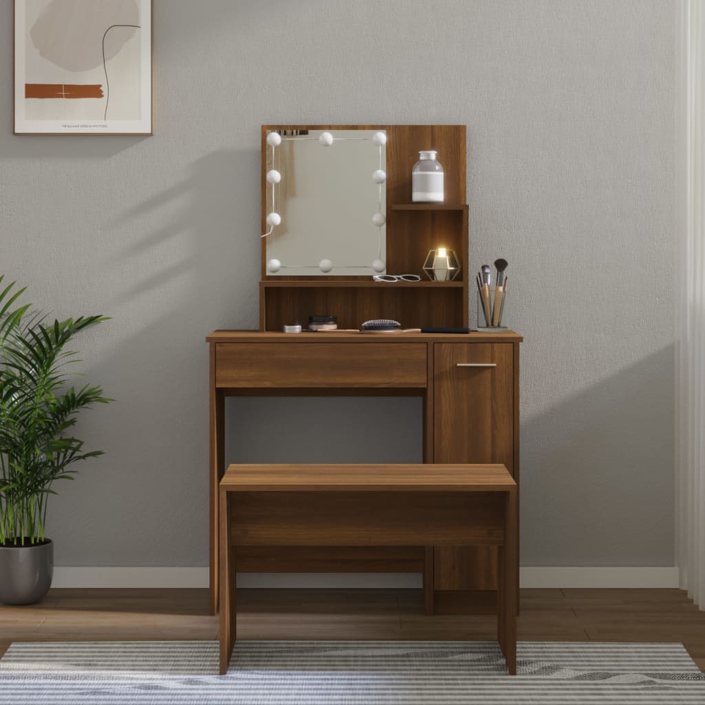 vidaXL Dressing Table Set with LED Brown Oak-Effect Engineered Wood
