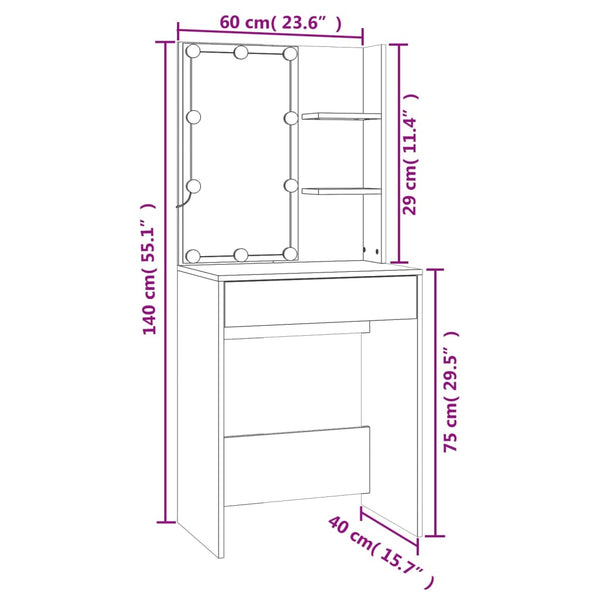 vidaXL Dressing Table Set with LED Concrete Grey Engineered Wood