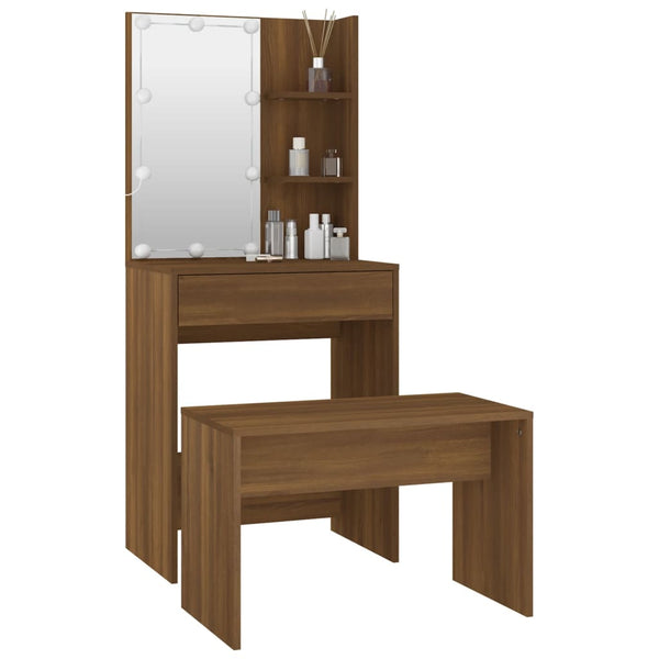 vidaXL Dressing Table Set with LED Brown Oak-Effect Engineered Wood