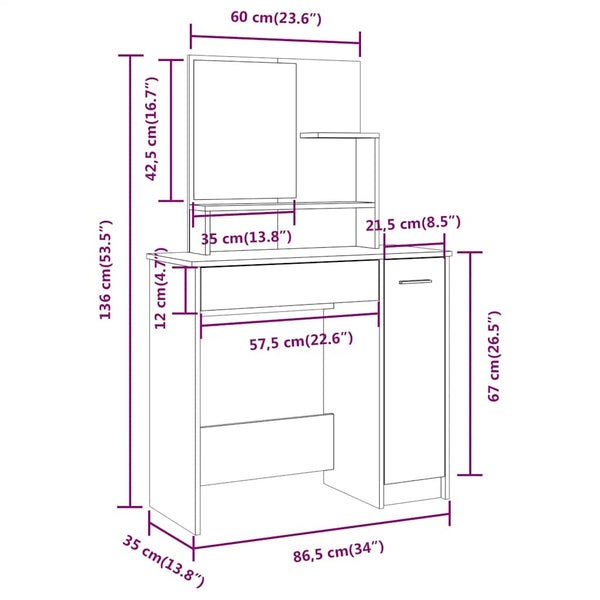 vidaXL Dressing Table Set White 86.5x35x136 cm