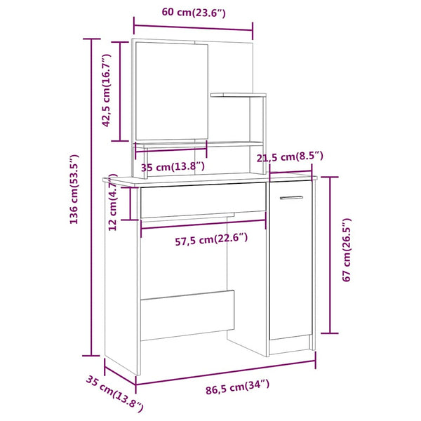 vidaXL Dressing Table Set High Gloss White 86.5x35x136 cm