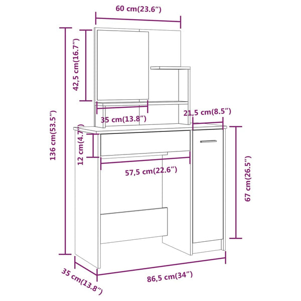 vidaXL Dressing Table Set Grey Sonoma 86.5x35x136 cm