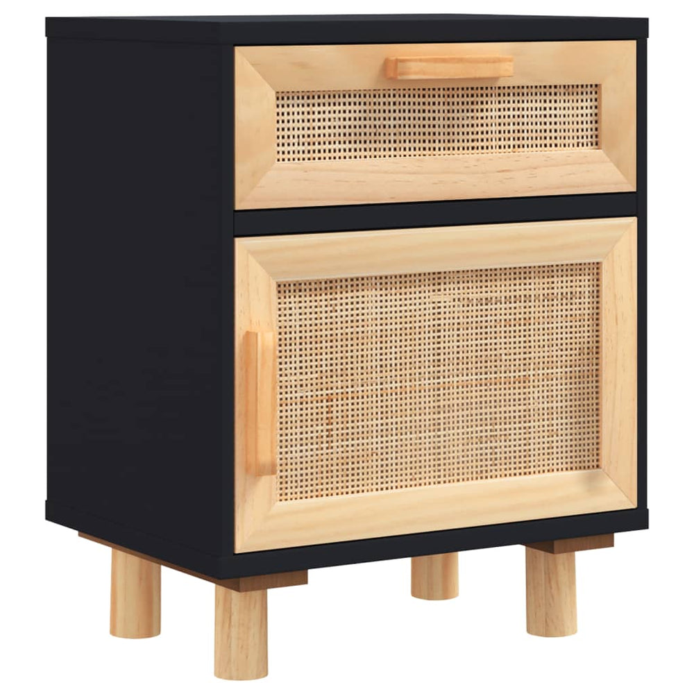 vidaXL Bedside Cabinet Black Solid Pine Wood and Natural Rattan