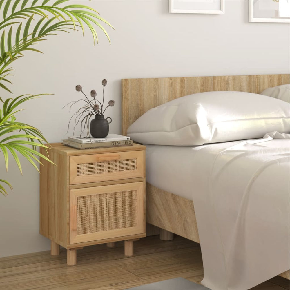 vidaXL Bedside Table Brown Solid Pine and Natural Rattan