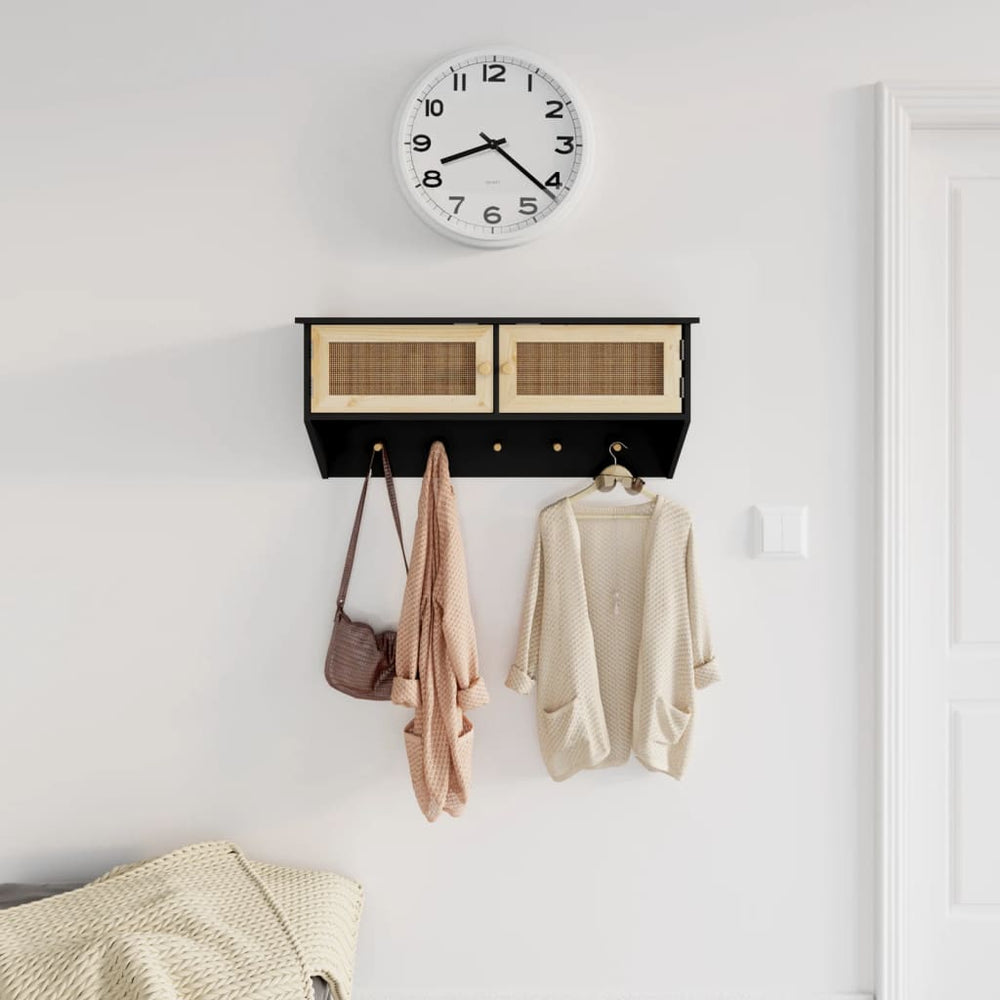 Wandgarderobe Schwarz mit Rattan