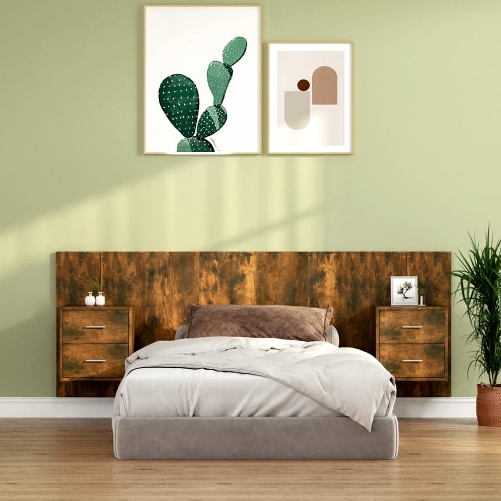 vidaXL Headboard with Bedside Tables Smoked Oak Engineered Wood