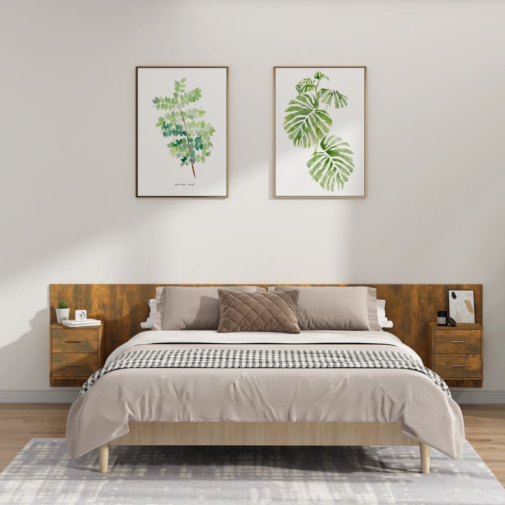 vidaXL Headboard with Bedside Tables Smoked Oak Engineered Wood