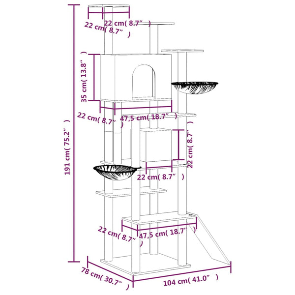 vidaXL Cat Tree with Sisal Scratching Posts Cream 191 cm