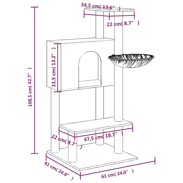 vidaXL Cat Tree with Sisal Scratching Posts Dark Gray 108.5 cm