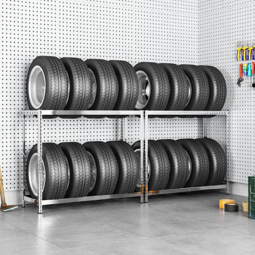 vidaXL Tire Racks with 2 Shelves 2 pcs. Silver 110x40x110 cm Steel