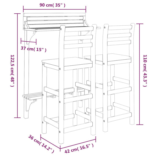 vidaXL 3-Piece Balcony Bar Set Solid Acacia Wood