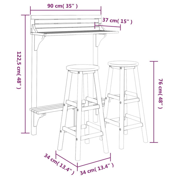 vidaXL 3-piece Balcony Bar Set Solid Acacia Wood