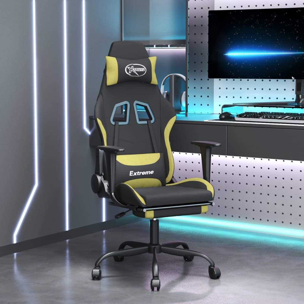 vidaXL Gaming Chair with Massage & Footrest Black and Light Green Fabric