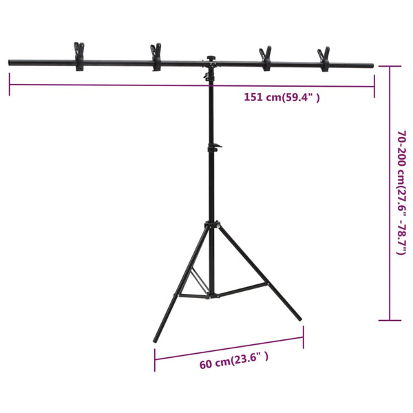 vidaXL T-Shaped Background Stand Black 151x60x(70-200) cm
