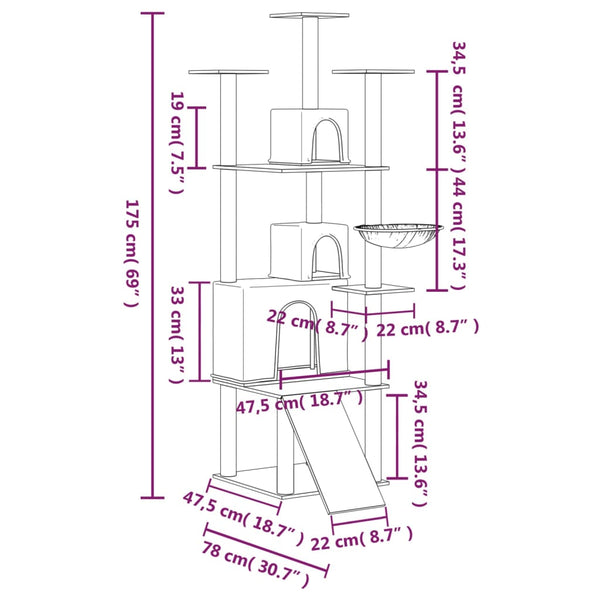 vidaXL Cat Tree with Sisal Scratching Posts Cream 175 cm