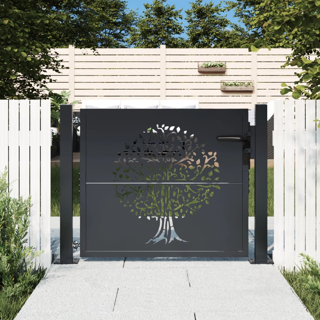 vidaXL Garden Gate Anthracite 100x75 cm Steel Tree Design