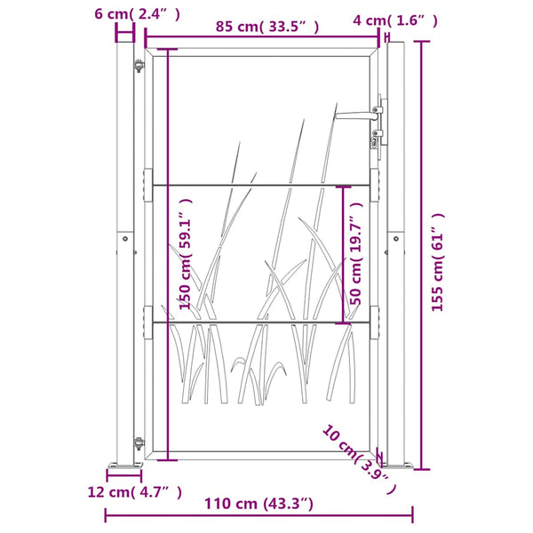 vidaXL Garden Gate Anthracite 100x150 cm Steel Grass Design