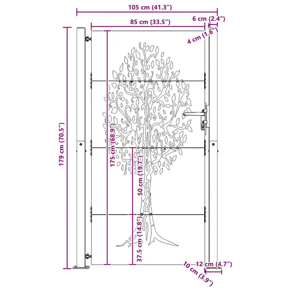 vidaXL Garden Gate 100x175 cm Corten Steel Tree Design