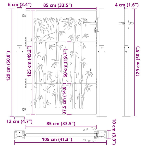 vidaXL Garden Gate 100x125 cm Corten Steel Bamboo Design