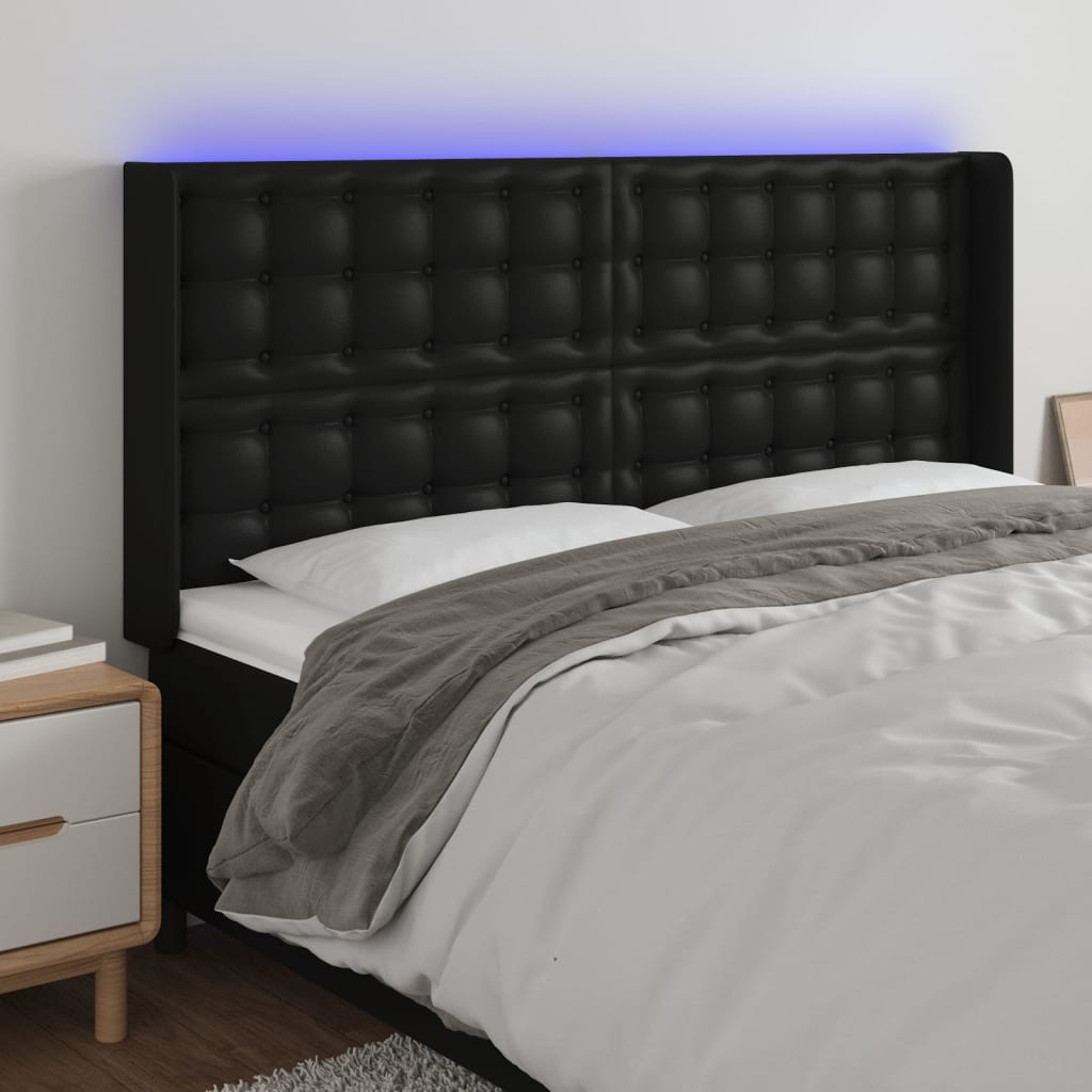 vidaXL LED Headboard Black 183x16x118/128 cm Faux Leather