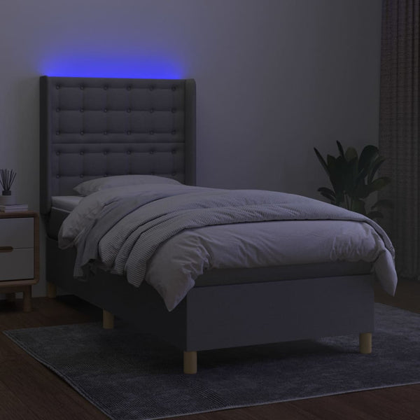 vidaXL Box Spring Bed with Mattress & LED Light Grey 90x190 cm Fabric