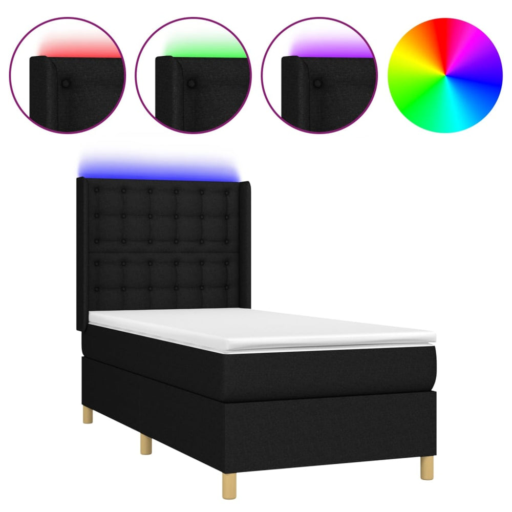 vidaXL Box Spring Bed with Mattress & LED Black 90x190 cm Fabric