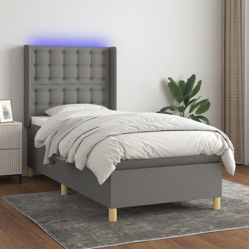 vidaXL Box Spring Bed with Mattress & LED Dark Grey 90x200 cm Fabric
