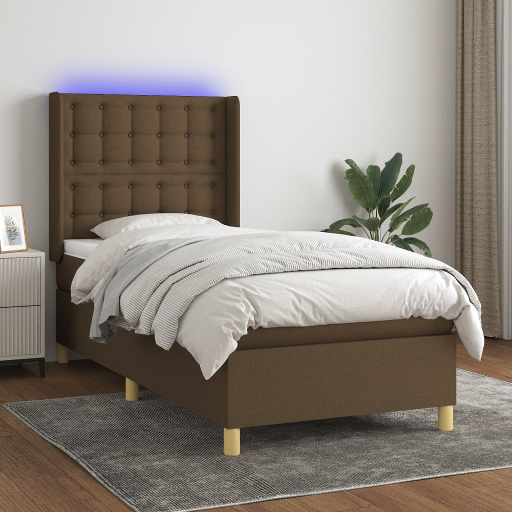vidaXL Fabric Box Spring Bed with Mattress & LED Dark Brown 90x200 cm
