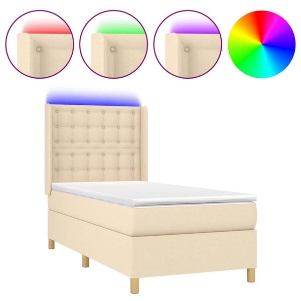 vidaXL Box Spring Bed with Mattress & LED Cream 100x200 cm Fabric