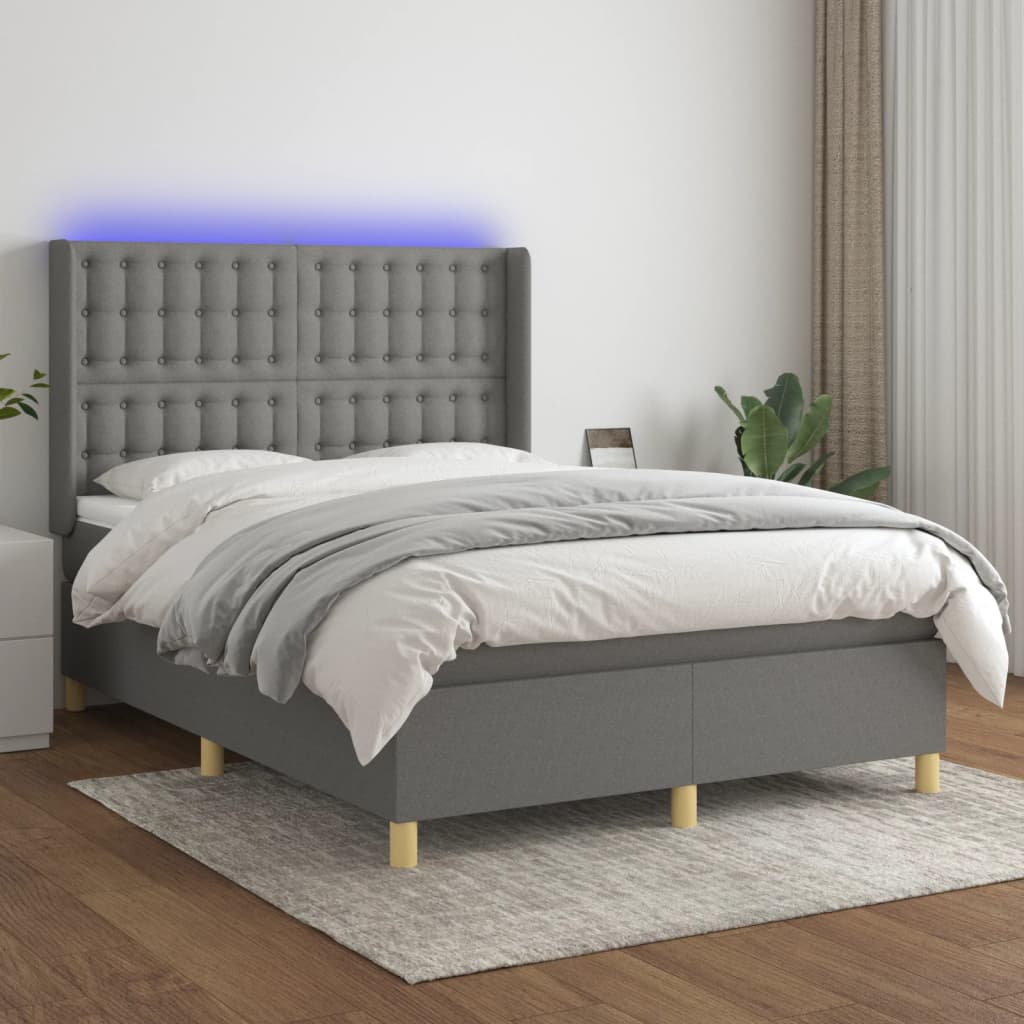 vidaXL Box Spring Bed with Mattress & LED Dark Grey 140x190 cm Fabric