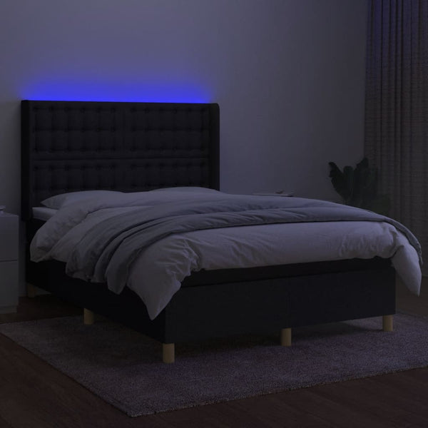 vidaXL Box Spring Bed with Mattress & LED Black 140x190 cm Fabric