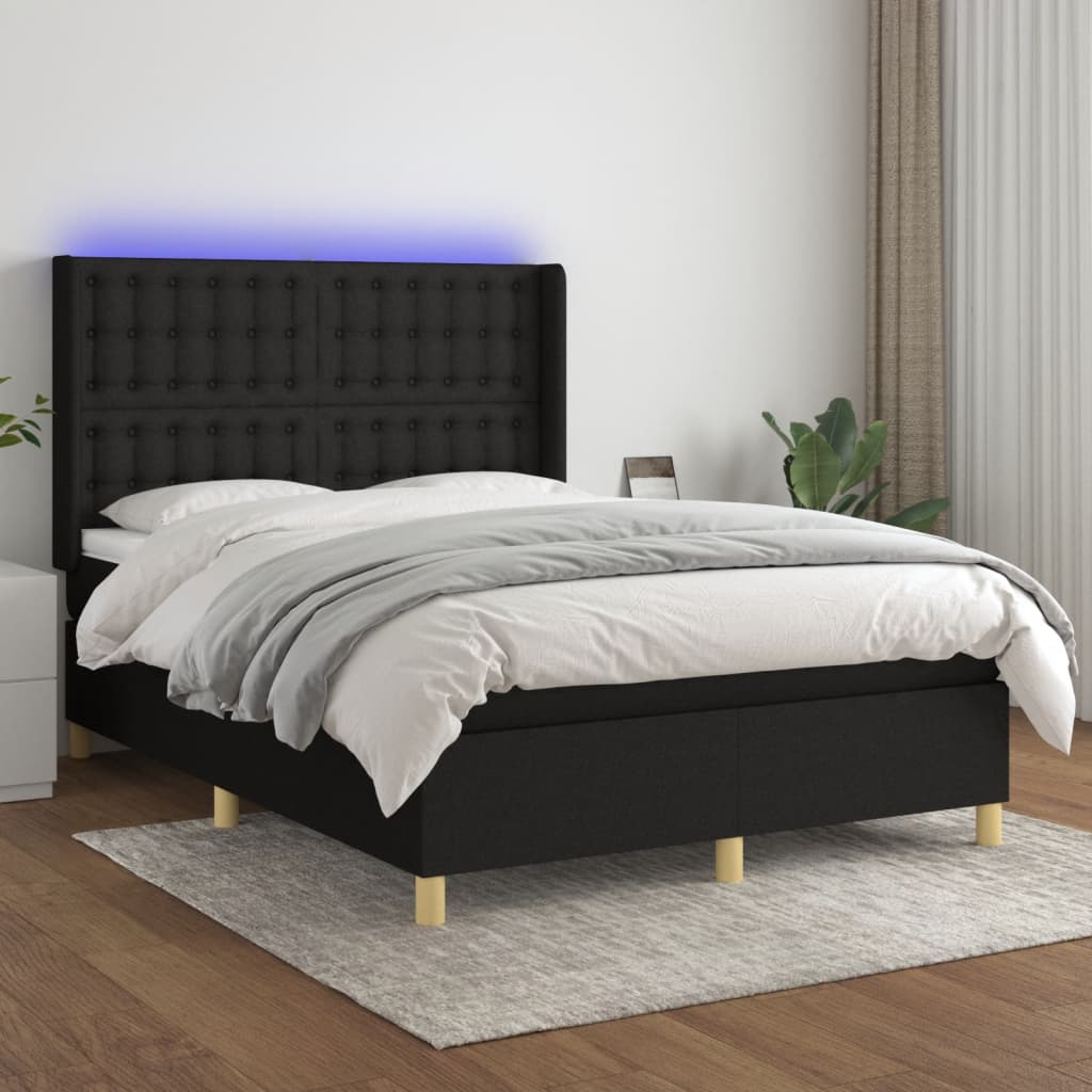 vidaXL Box Spring Bed with Mattress & LED Black 140x190 cm Fabric