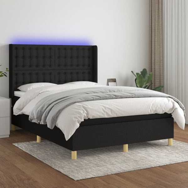 vidaXL Box Spring Bed with Mattress & LED Black 140x190 cm Fabric