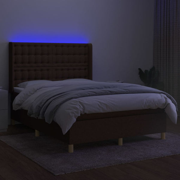 vidaXL Box Spring Bed with Mattress & LED Dark Brown 140x190 cm Fabric