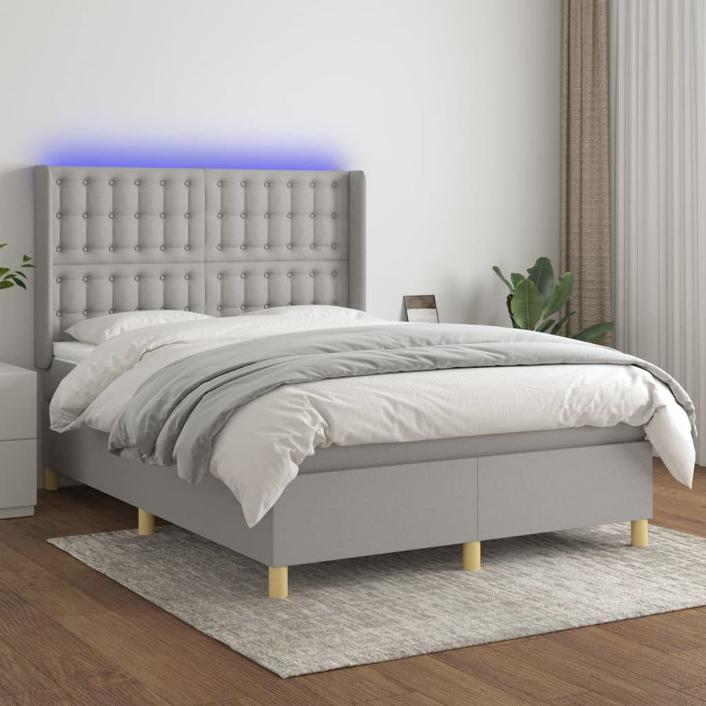 vidaXL Box Spring Bed with Mattress & LED Light Grey 140x200 cm Fabric